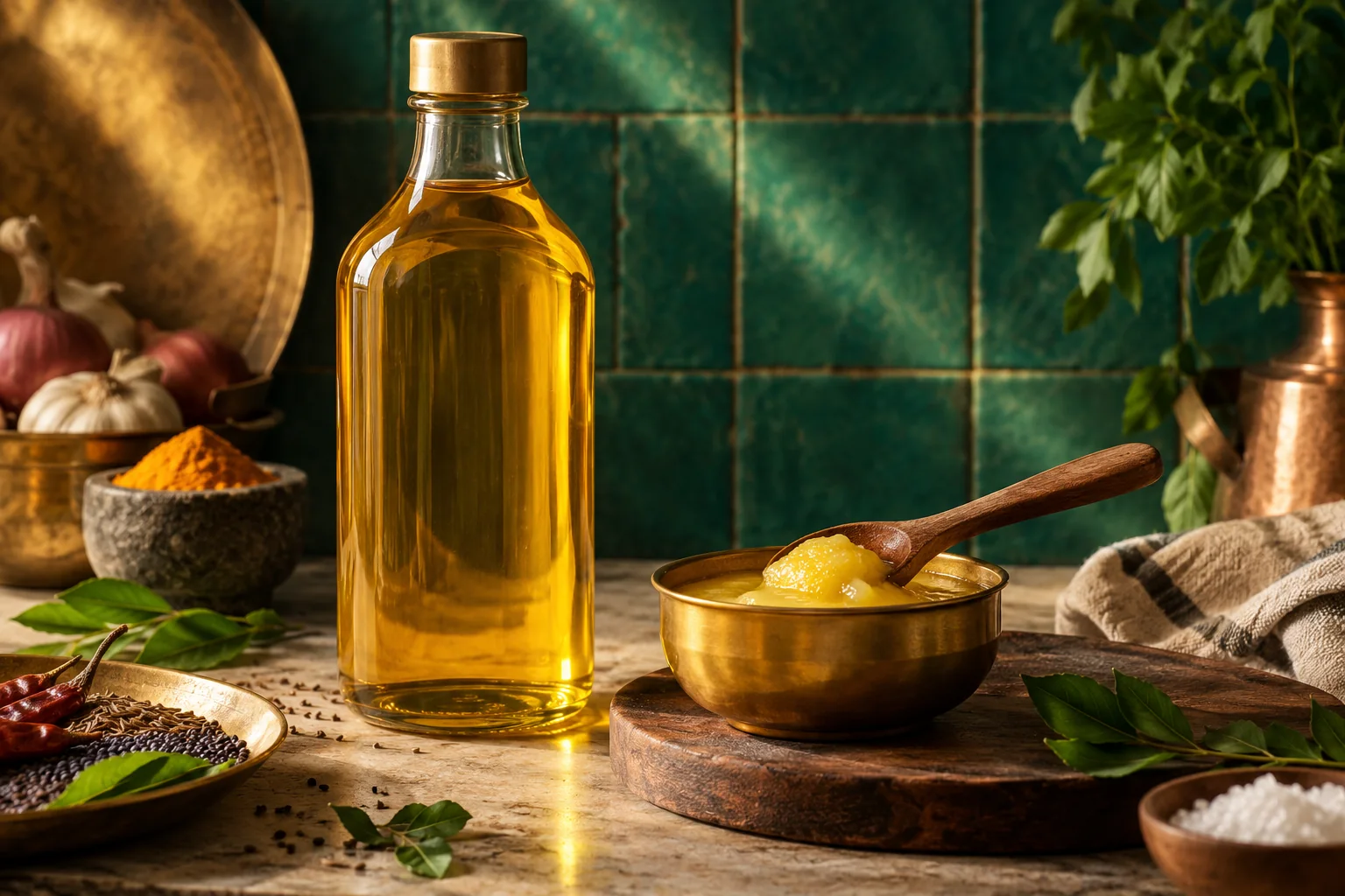 An unbranded oil bottle and a small dish of ghee beside a cooking spoon against a teal background.