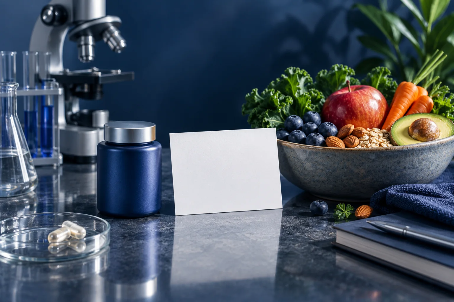 A microscope and an unlabelled container beside fruit and nuts on a blue laboratory-style table.