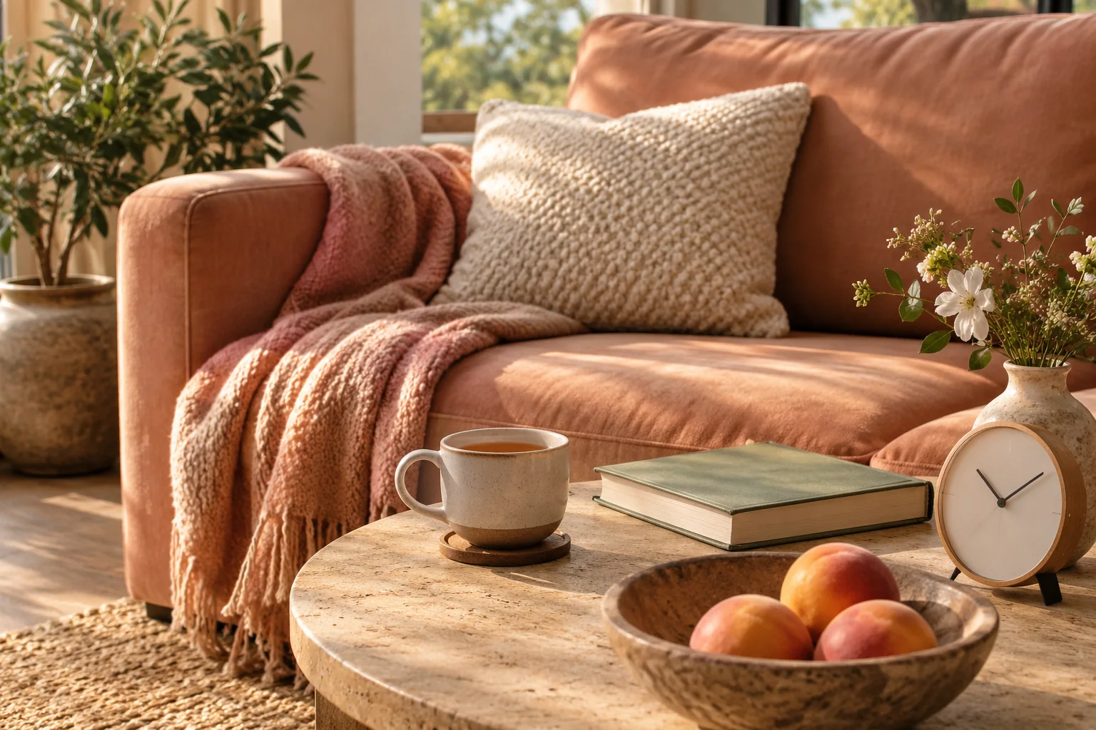 A daylit peach-coloured sofa beside a cup, closed book and small clock.