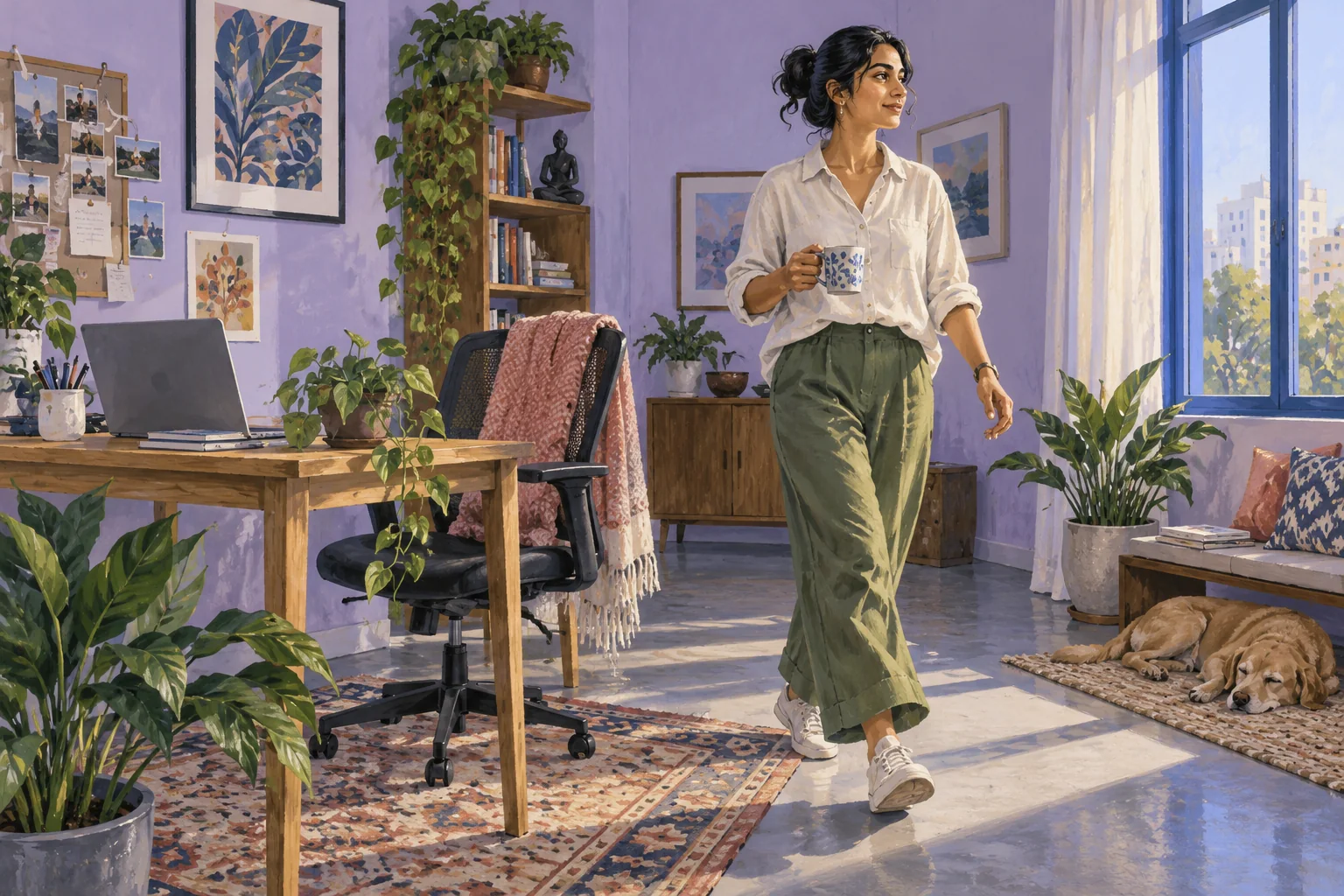 A person taking a movement break from a desk.