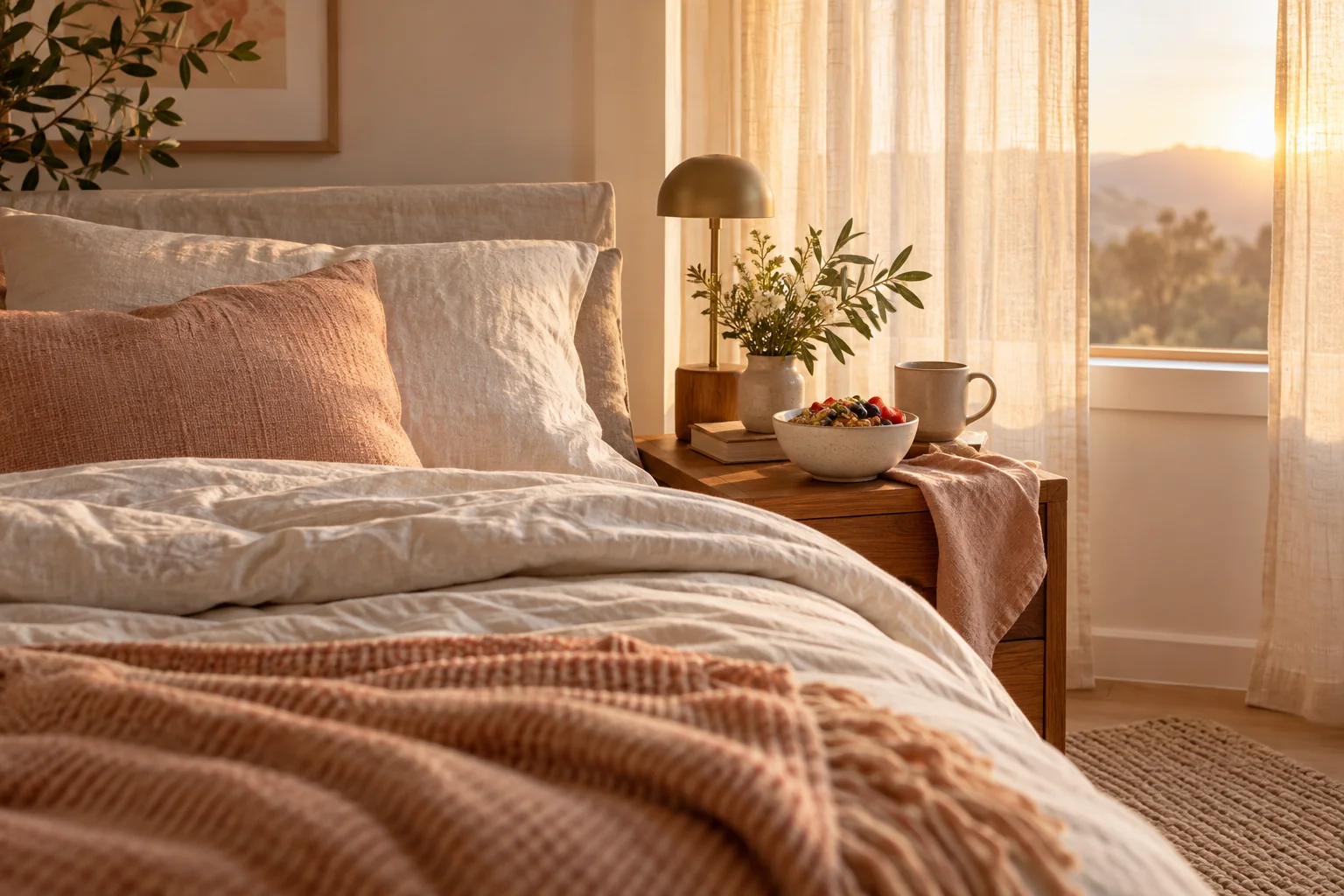 A softly lit bedroom with a breakfast bowl beside the bed at sunrise.