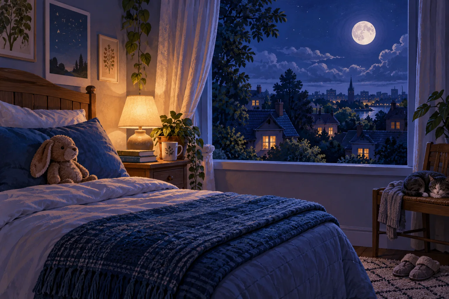 A bedside clock and seven gently aligned sleep bands in a calm night-time illustration.