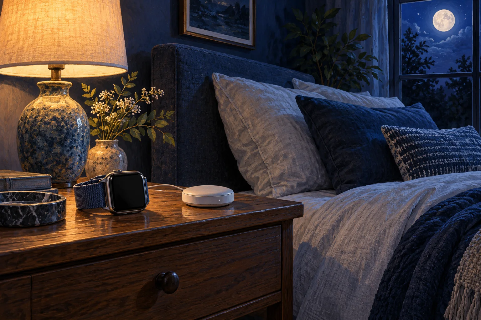 An indigo bedroom with a blank-screen smartwatch, a small bedside sensor, a lamp and a moonlit window.