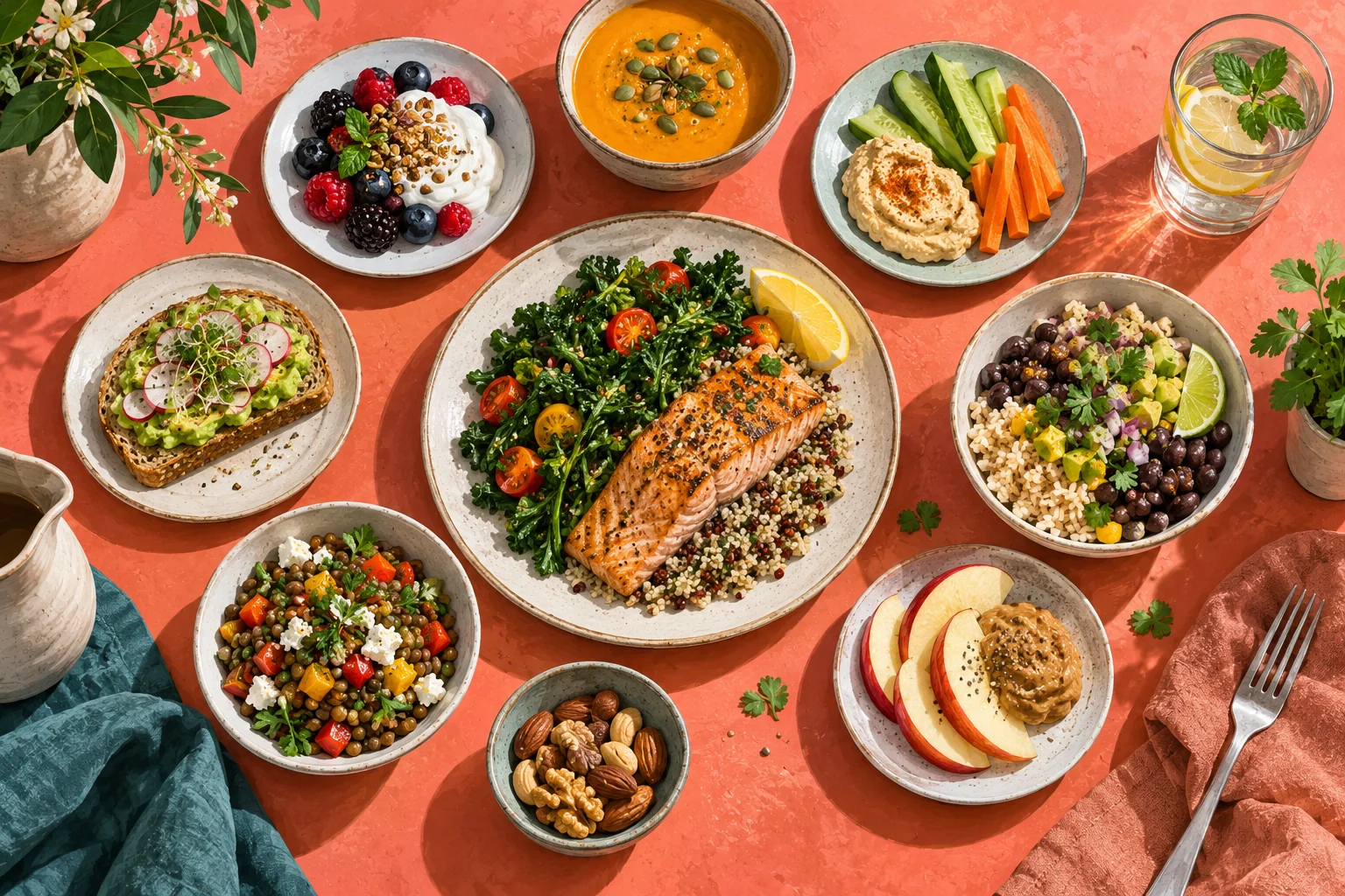 A coral tabletop with food divided across larger and smaller plates, showing varied portions without numeric labels.