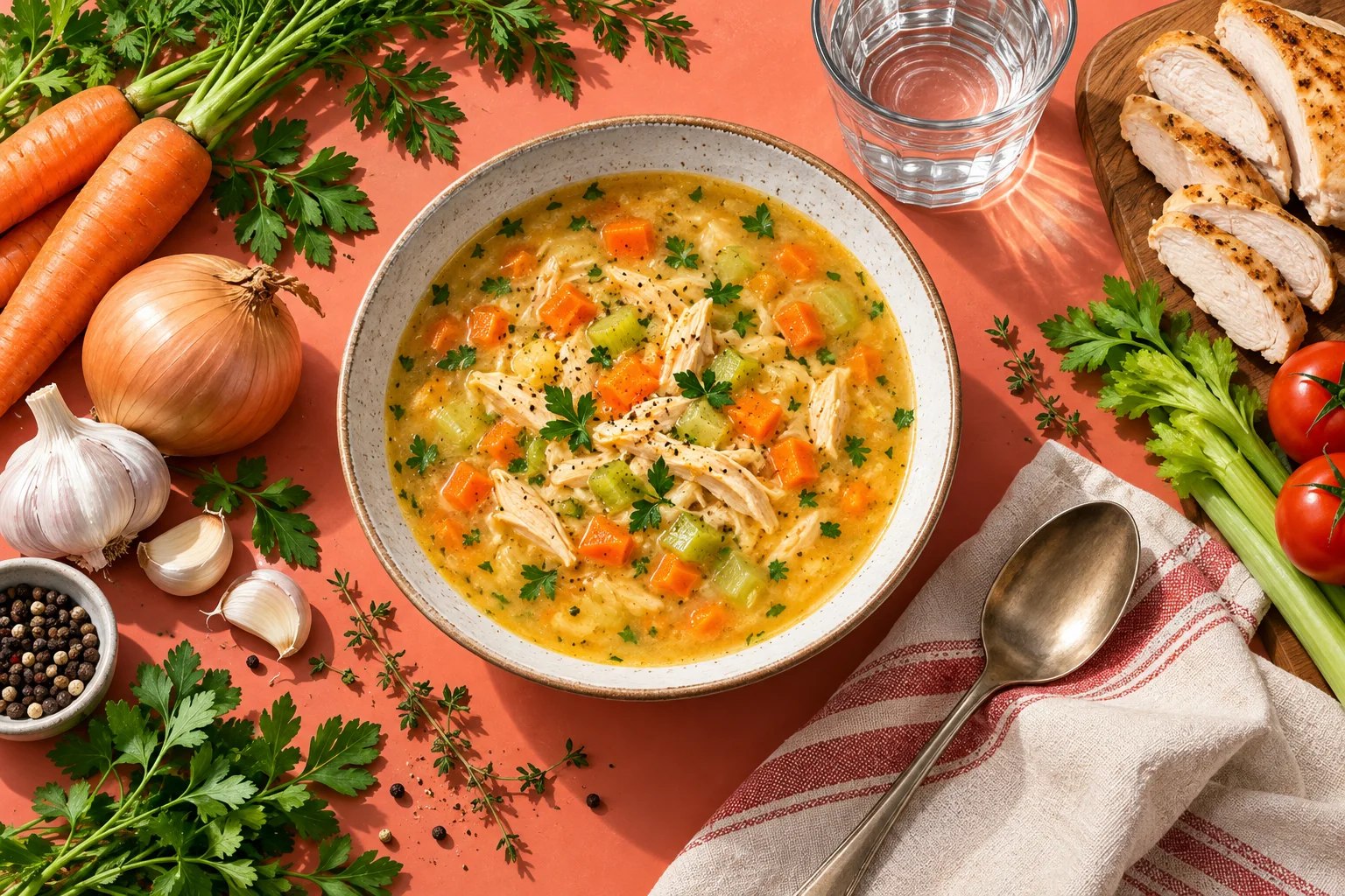 A soup bowl beside vegetables, chicken pieces and a glass of water on a coral table.