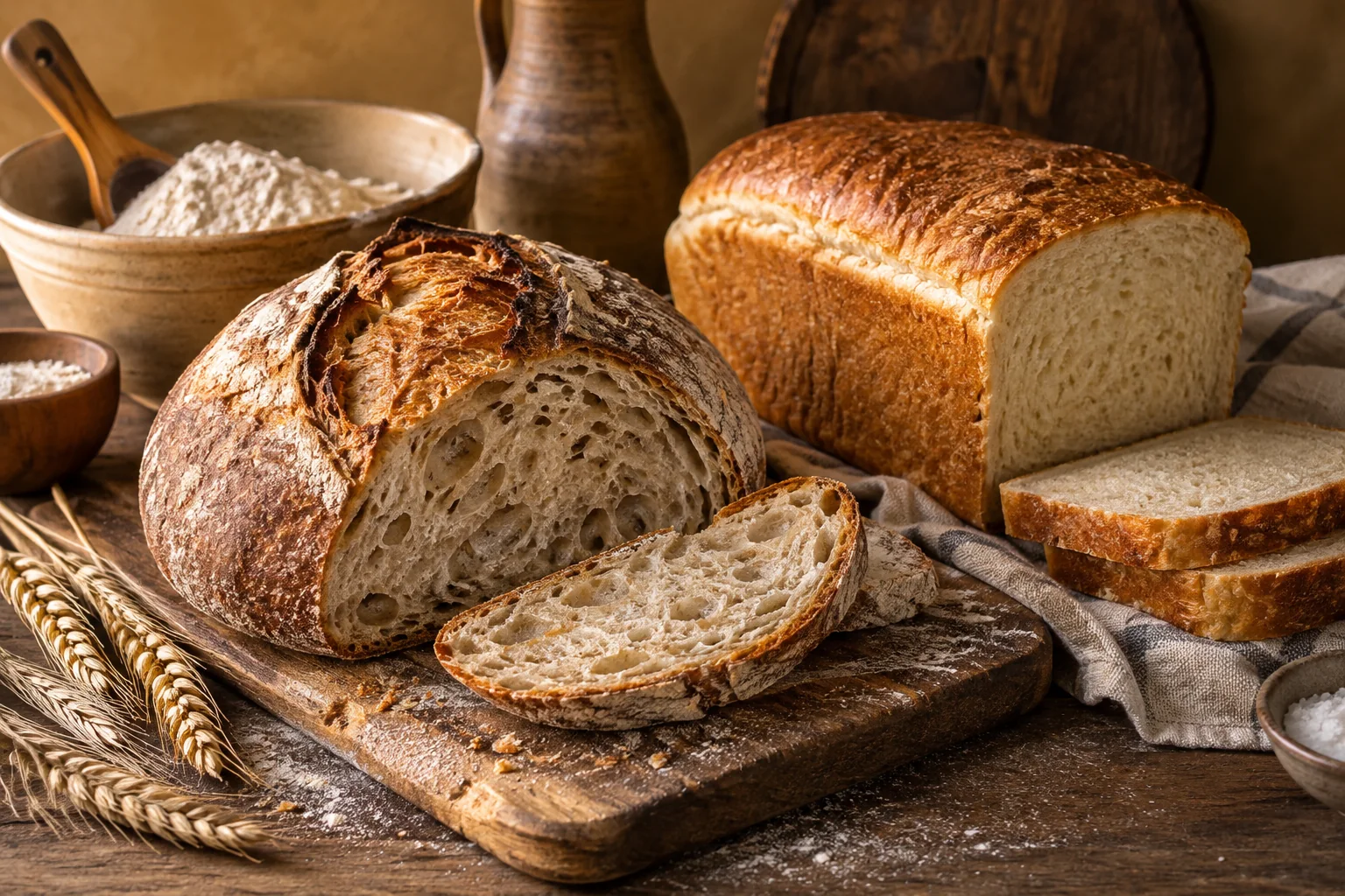 A sliced rustic sourdough loaf beside a plain sandwich loaf on a warm wooden bakery table.