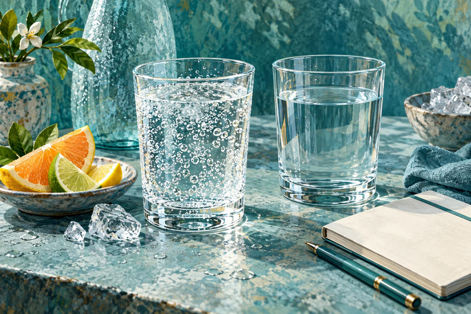 An icy teal close-up of two clear glasses, one with bubbles and one still, with a citrus slice kept separately on a small dish.