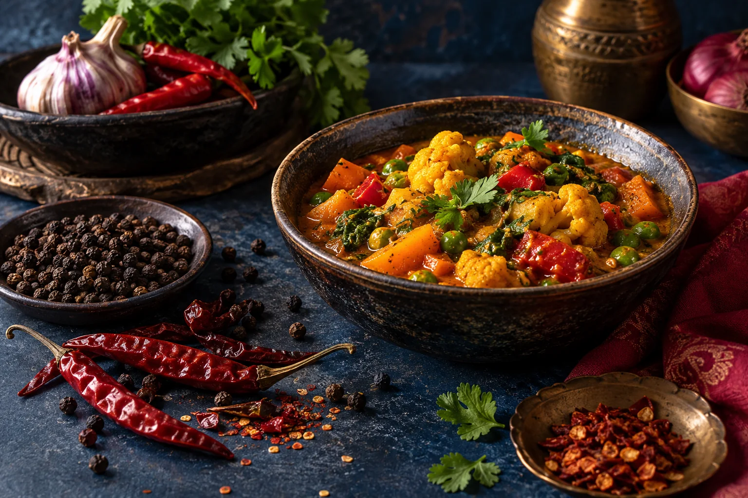 Red chillies, pepper and a vegetable curry on an indigo table.