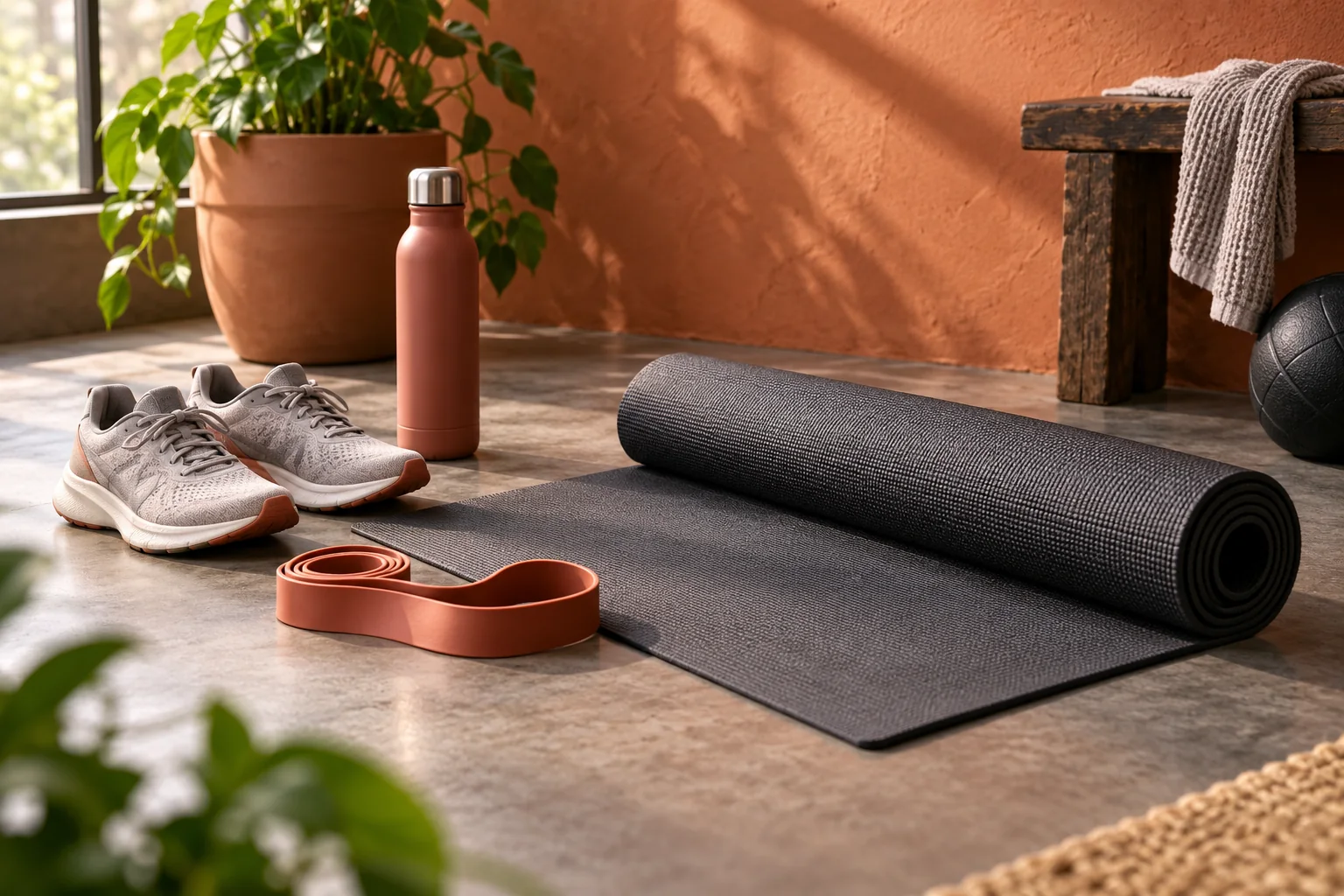 Running shoes, a rolled exercise mat and a resistance band in a warm exercise space.