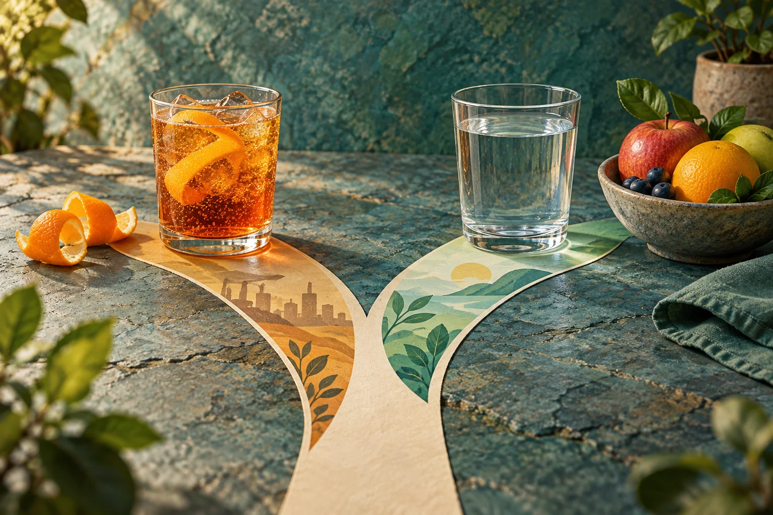 A sweetened drink beside a water glass and a bowl of whole fruit, clearly separated.