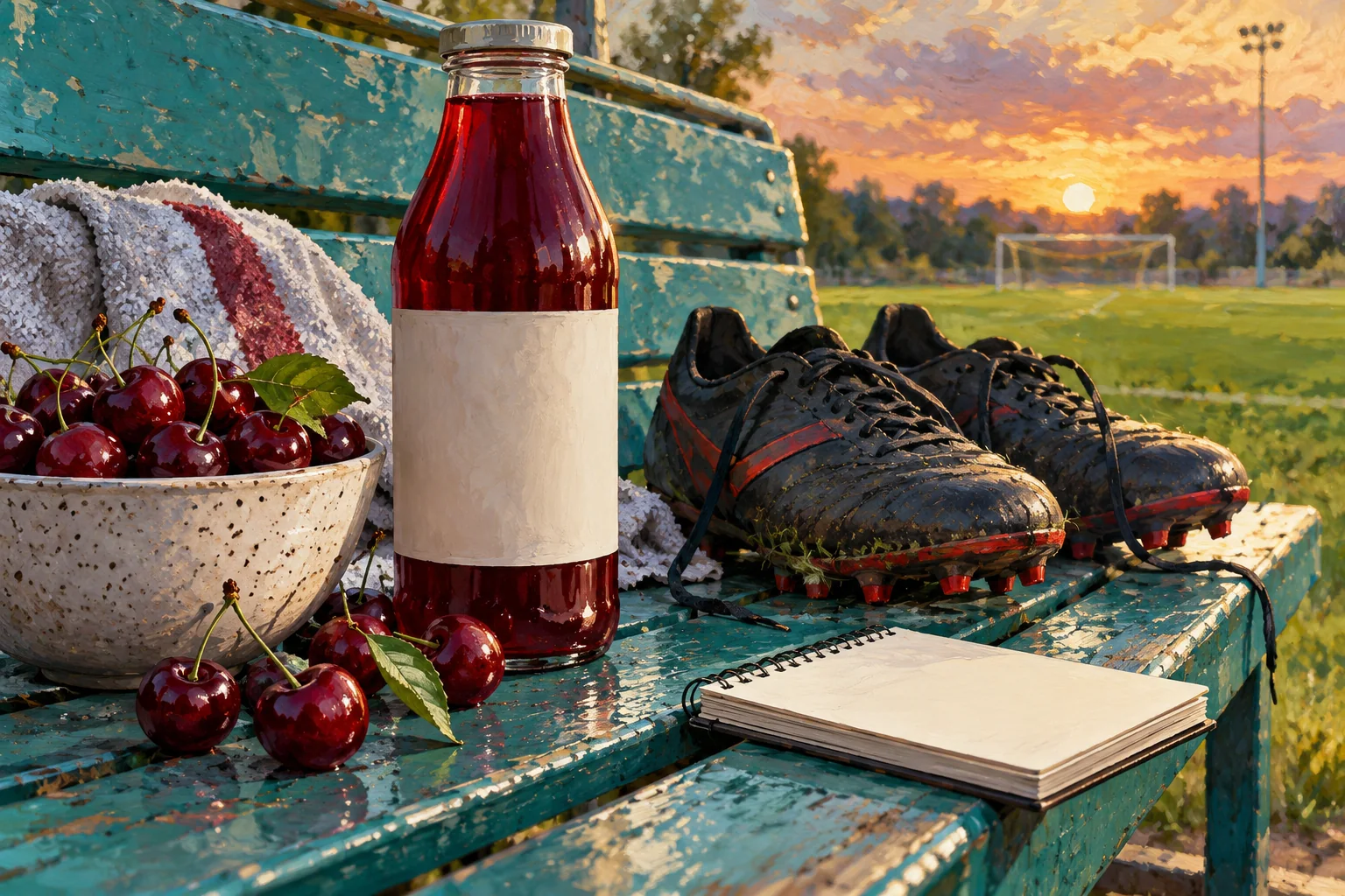 A deep-red tart-cherry bottle and cherries beside football boots on a teal training bench, with no recovery clock or pain-free promise.