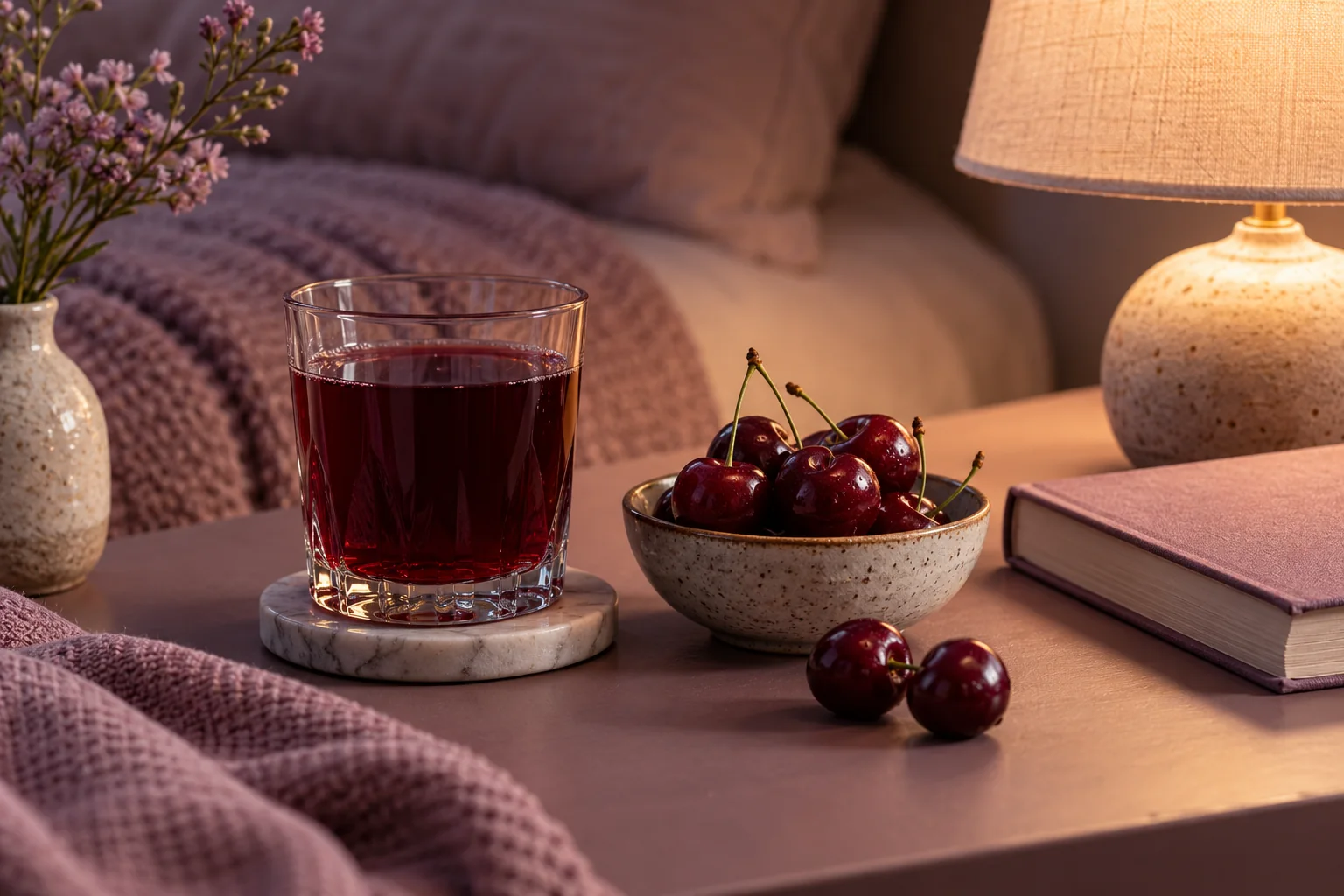 Cherry juice and whole cherries beside a warm bedside lamp and closed books.