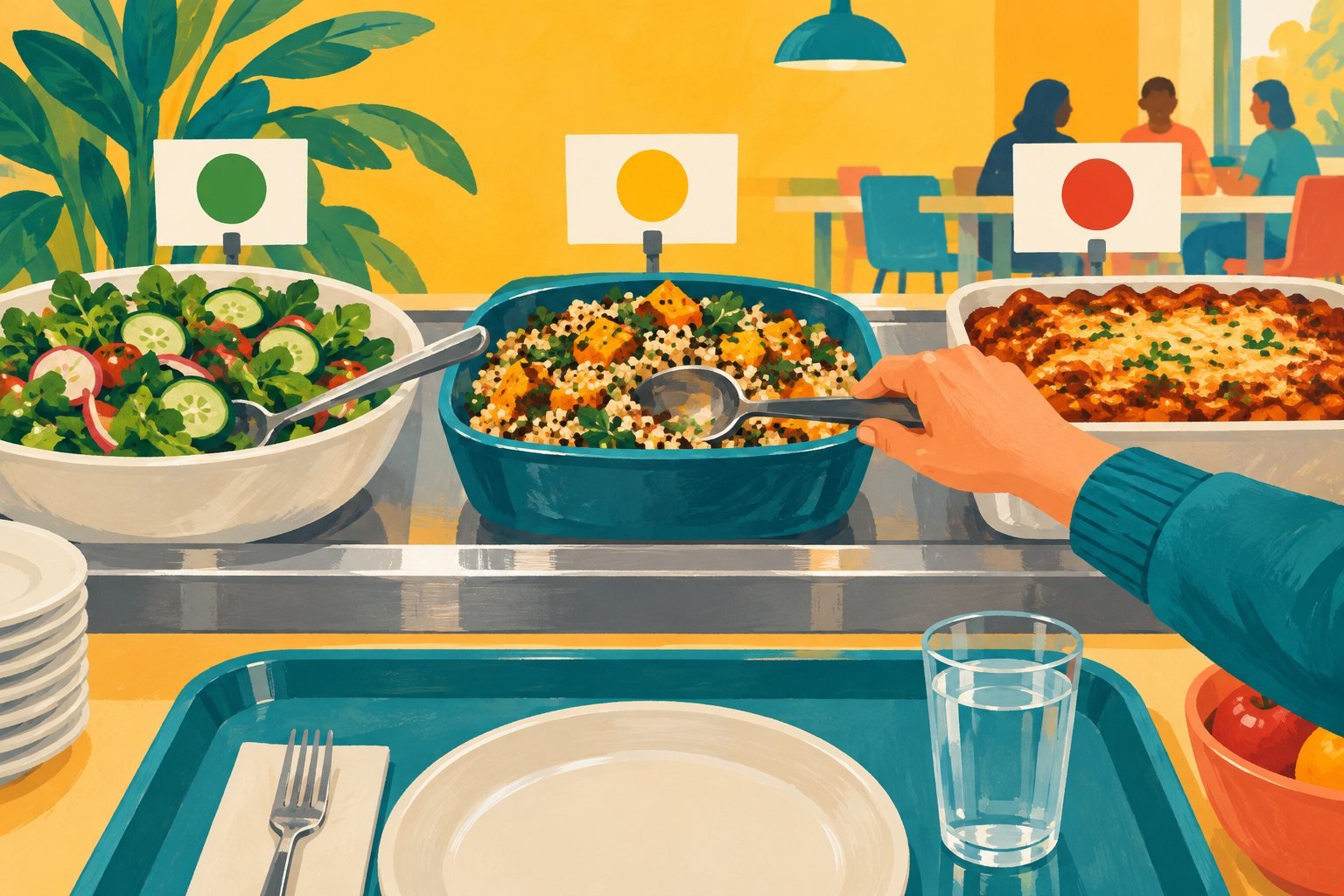 A cafeteria counter with dishes and coloured menu dots. Conceptual editorial illustration.