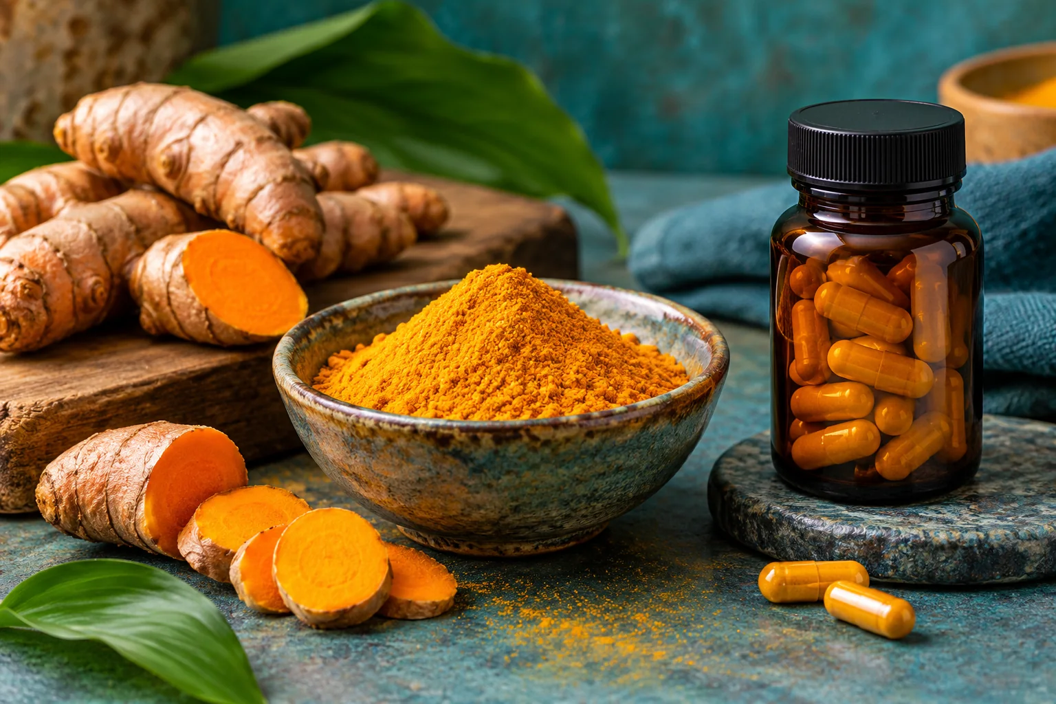 Turmeric roots and powder beside an unlabelled capsule bottle on a teal table.