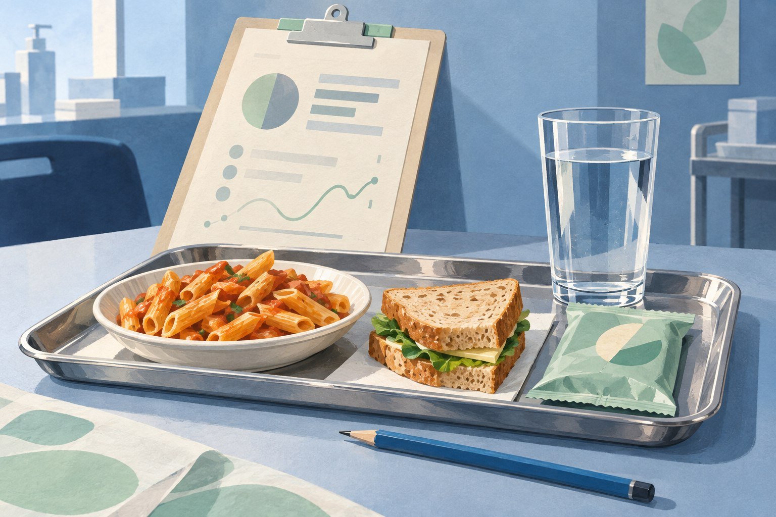 Blue-toned illustration of a feeding-study tray, water glass and research clipboard