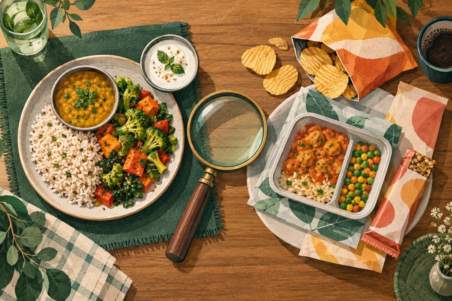 Illustration of everyday cooked food and packaged meals with a magnifying glass