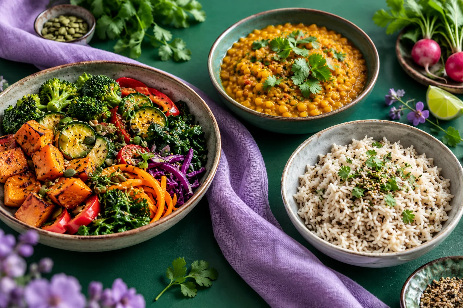 Separate dishes of vegetables, lentils and rice on a green table.