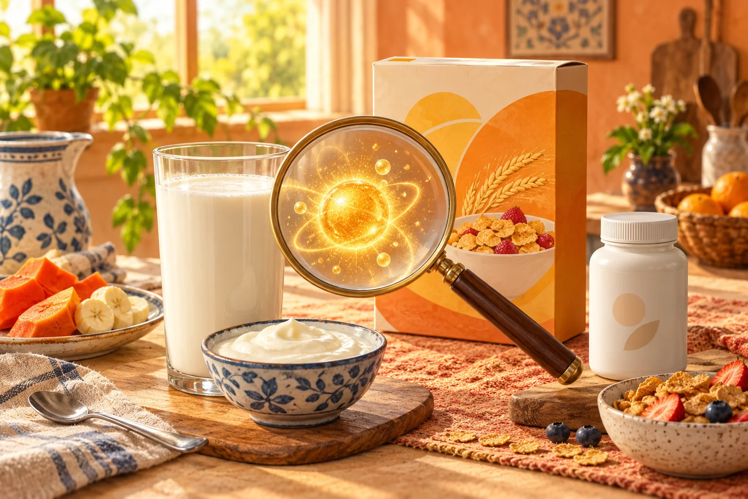 Milk, yogurt, an unbranded cereal box and supplement container in a warm breakfast illustration.