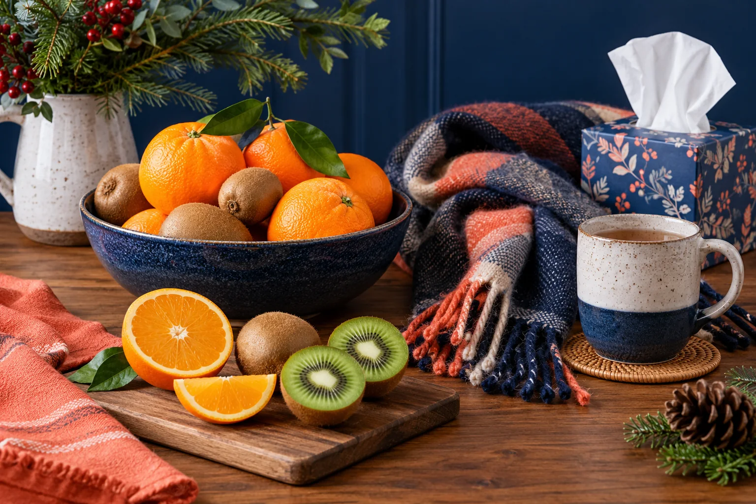 Citrus, kiwi fruit, a winter scarf and tissues beside a warm drink.