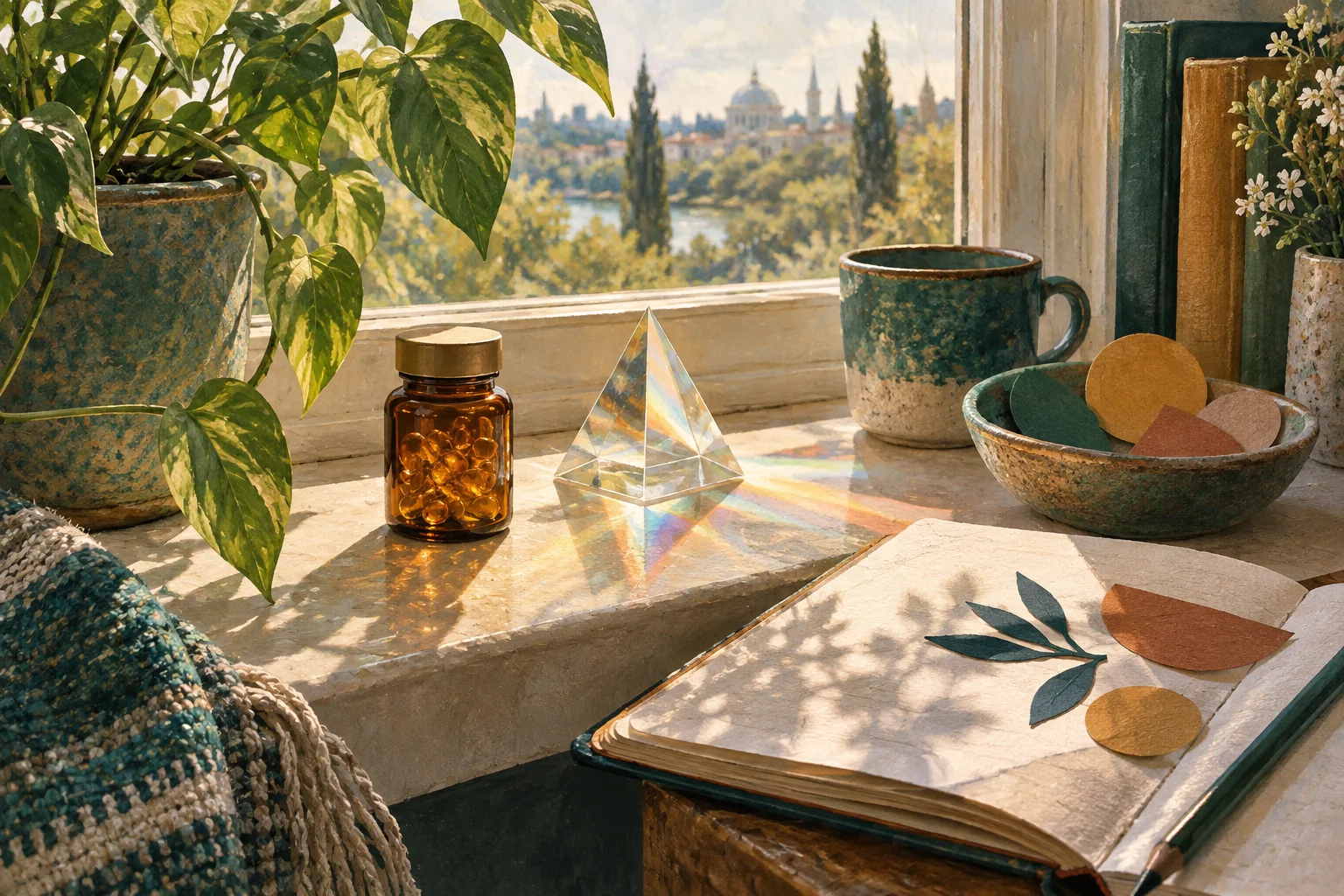 A sunlit window, an unbranded supplement bottle and a journal in a calm room.