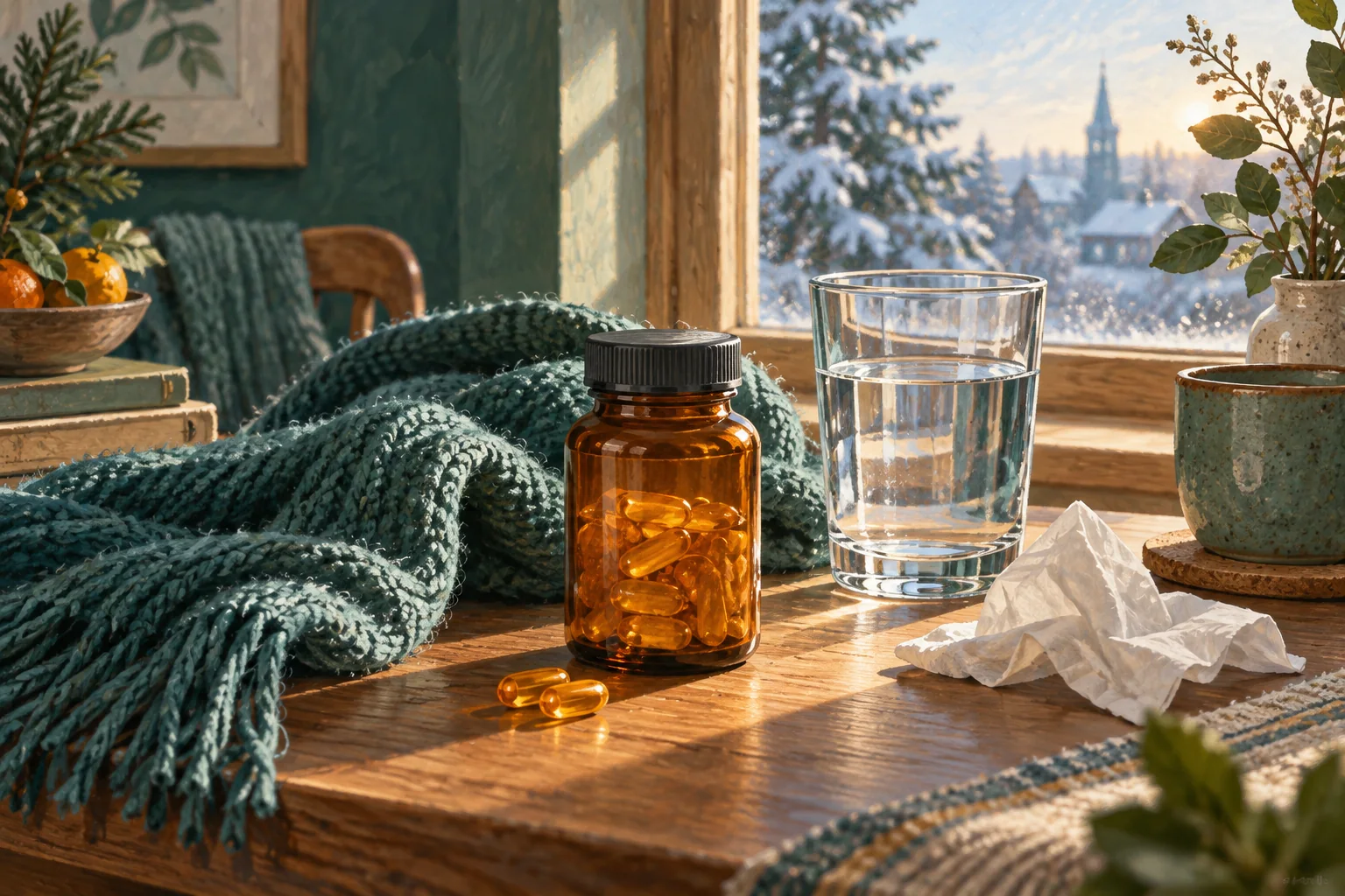 An unbranded vitamin bottle beside a tissue box and a rain-lit window.