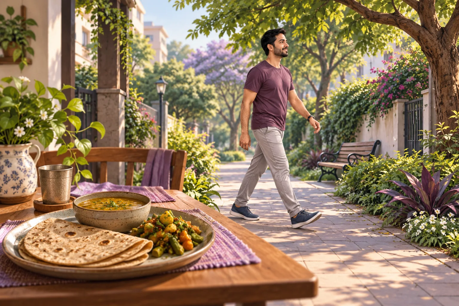 An adult taking a walk near home, with an Indian meal illustrated in the foreground