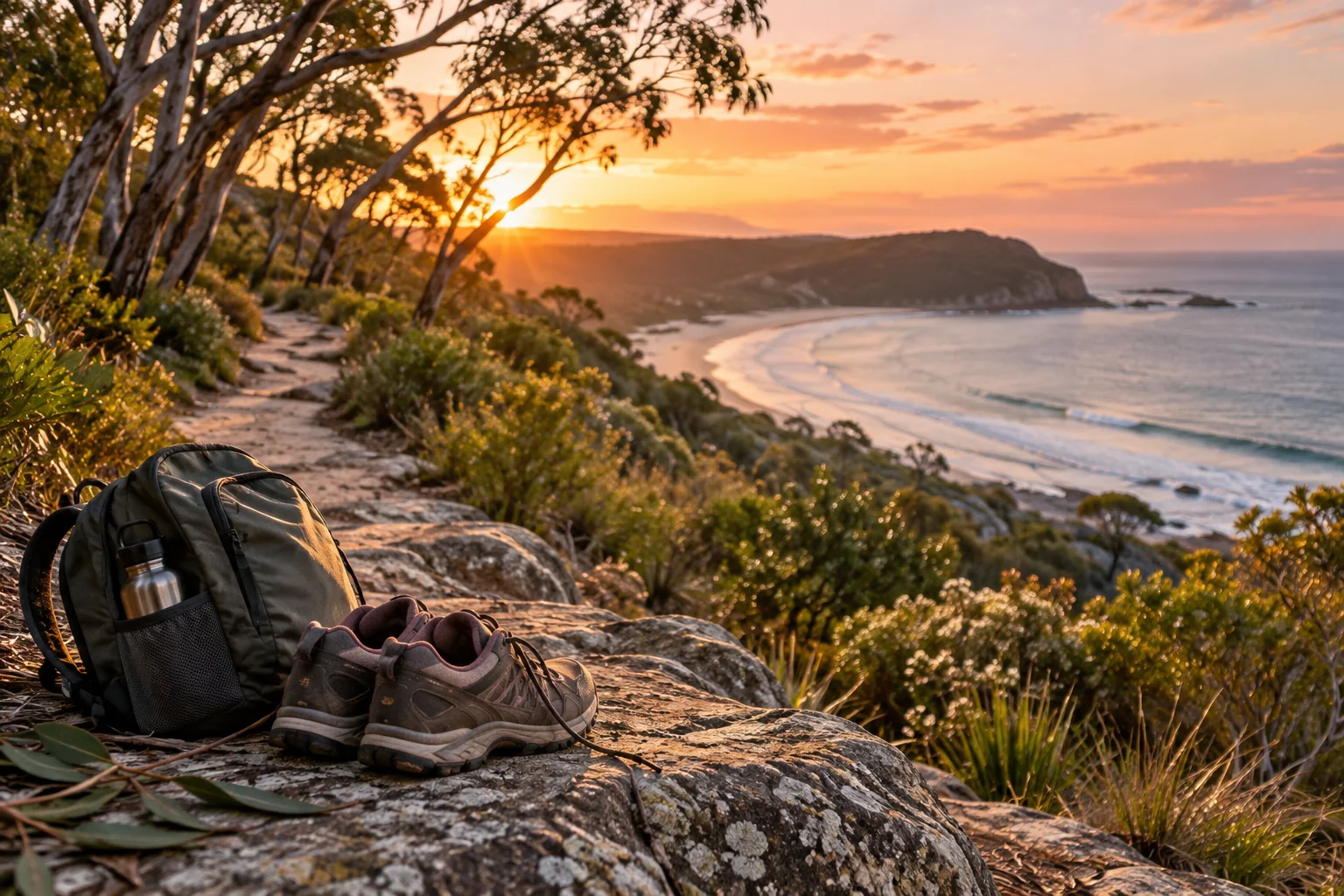 Walking shoes and a backpack on a coastal path at sunset.