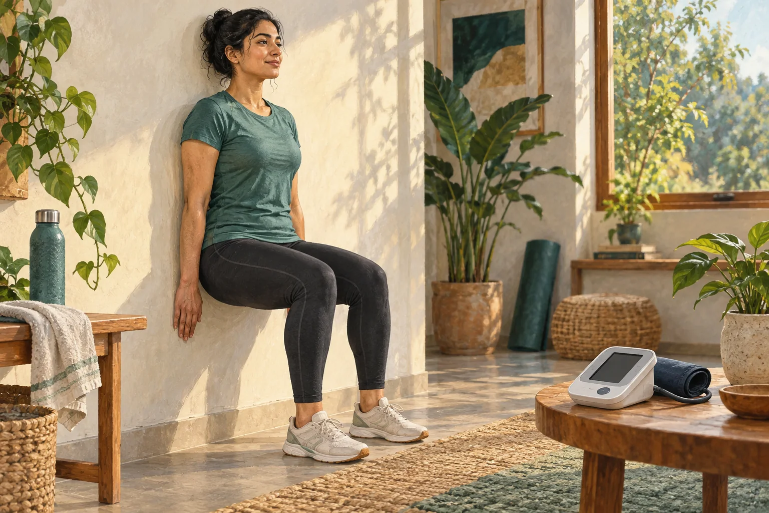 An adult doing a supported wall sit in a calm room with an unbranded blood-pressure monitor nearby.