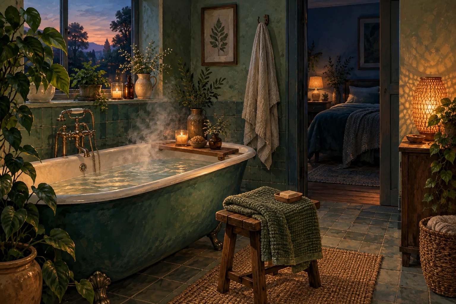 A comfortably warm bathroom with a bathtub, folded towel and dusk-lit window.