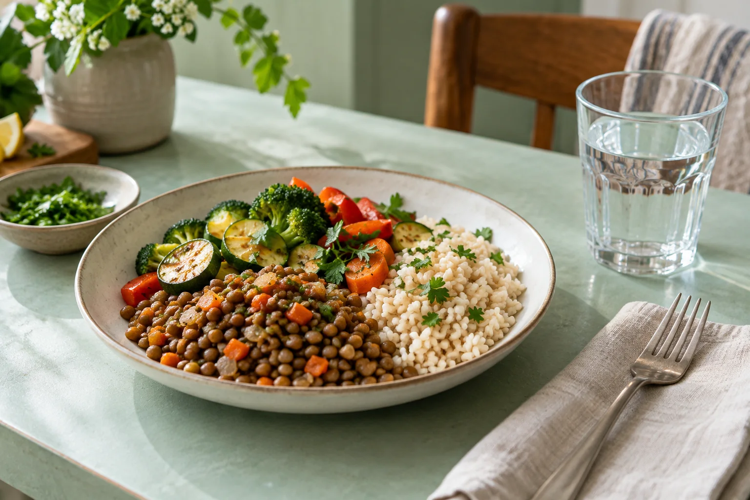 A clear water glass beside a lentil, rice and vegetable meal on a mint table.