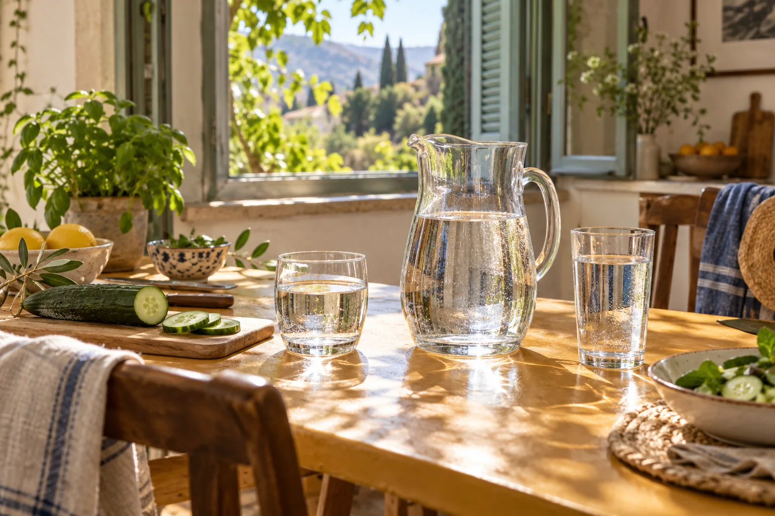 A water jug and two glasses on a sunny kitchen table beside a window.