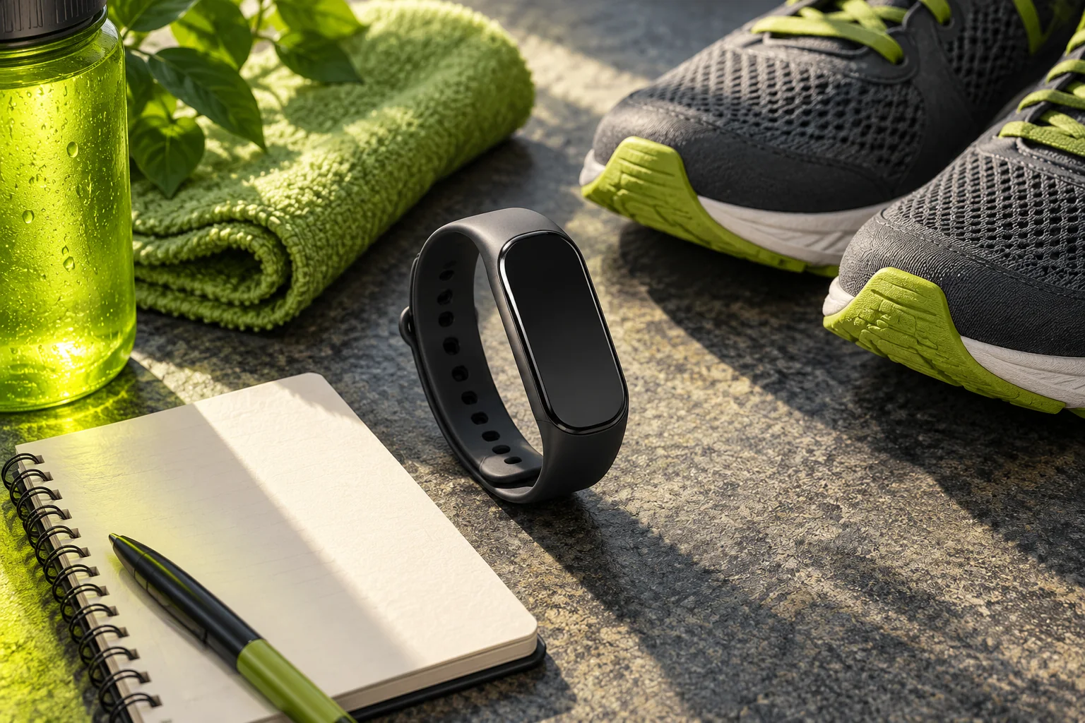 An unbranded wrist tracker and blank notebook beside walking shoes.