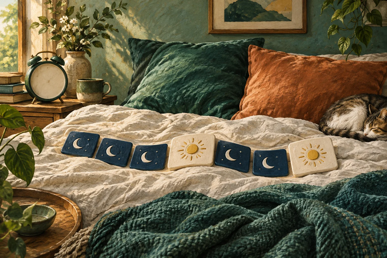 A comfortable bed and a row of calendar-like tiles in a warm morning bedroom.