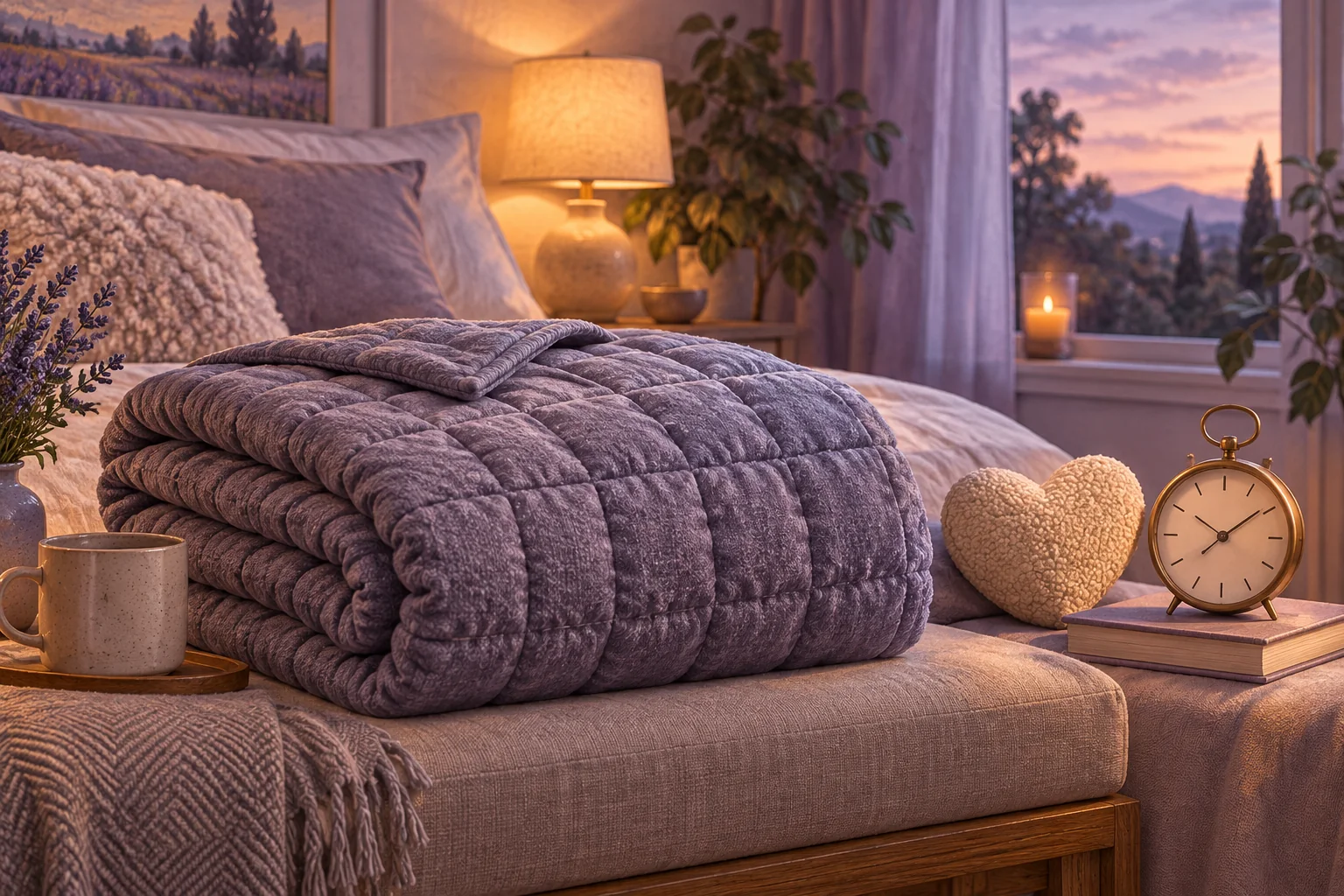 A textured weighted blanket folded beside a bed with separate symbols for comfort and measured sleep.