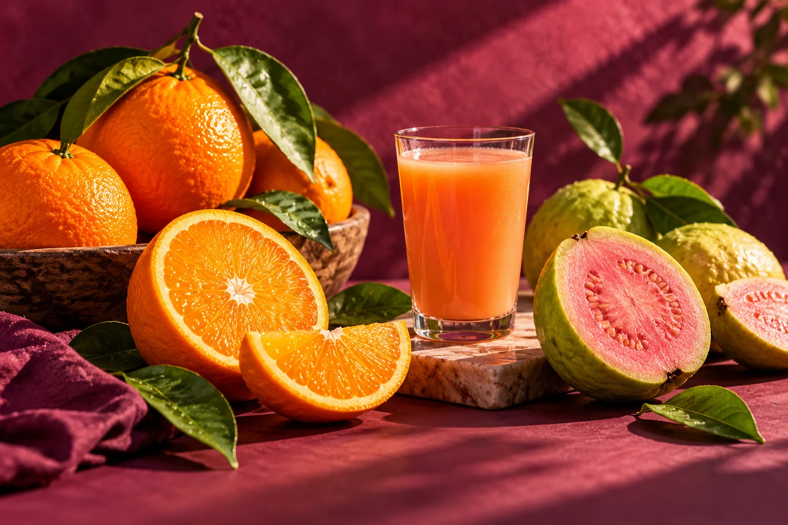 Whole and cut oranges and guava beside a small glass of juice.
