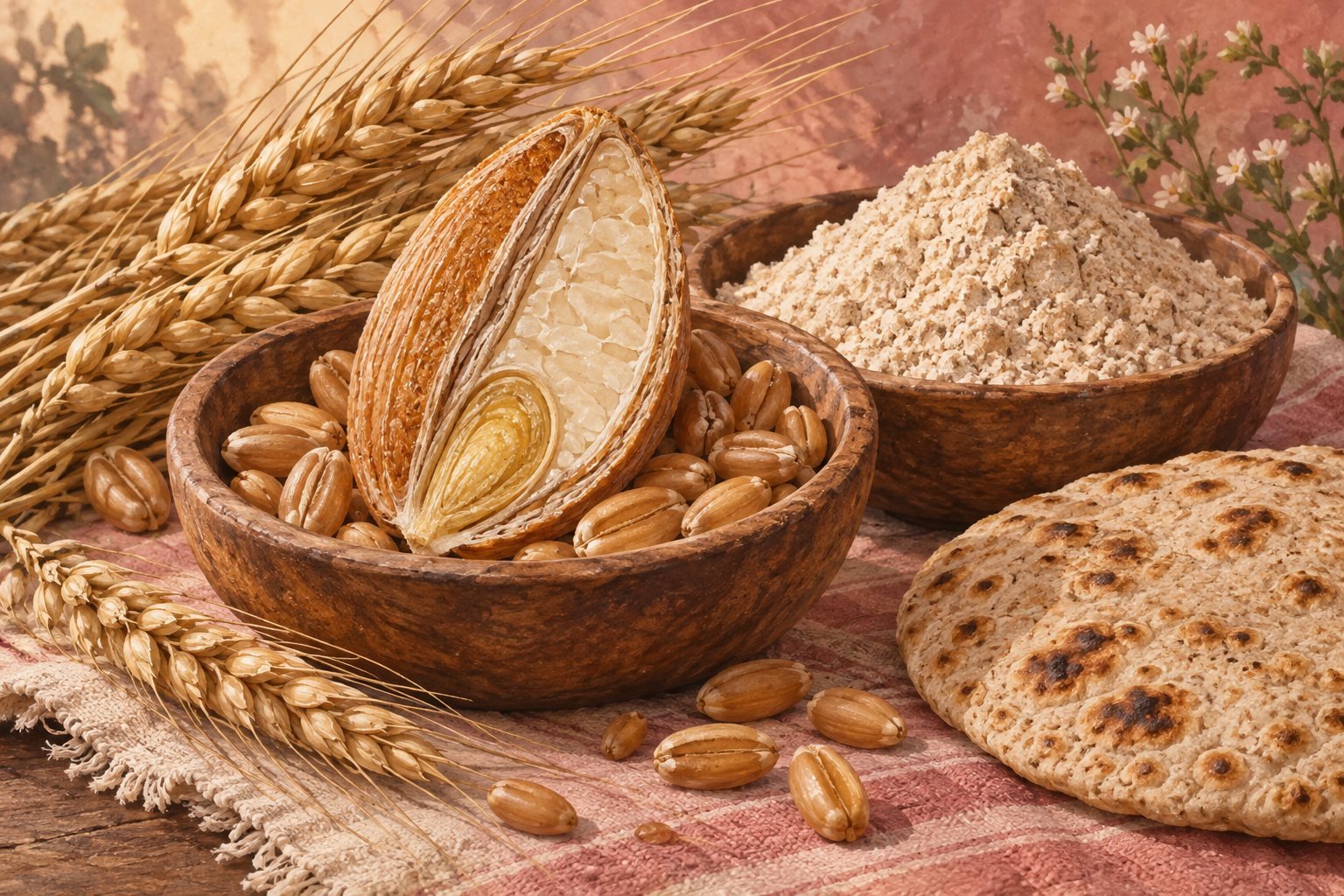 Wheat grain, flour and a roti in a botanical still life. Conceptual editorial illustration.