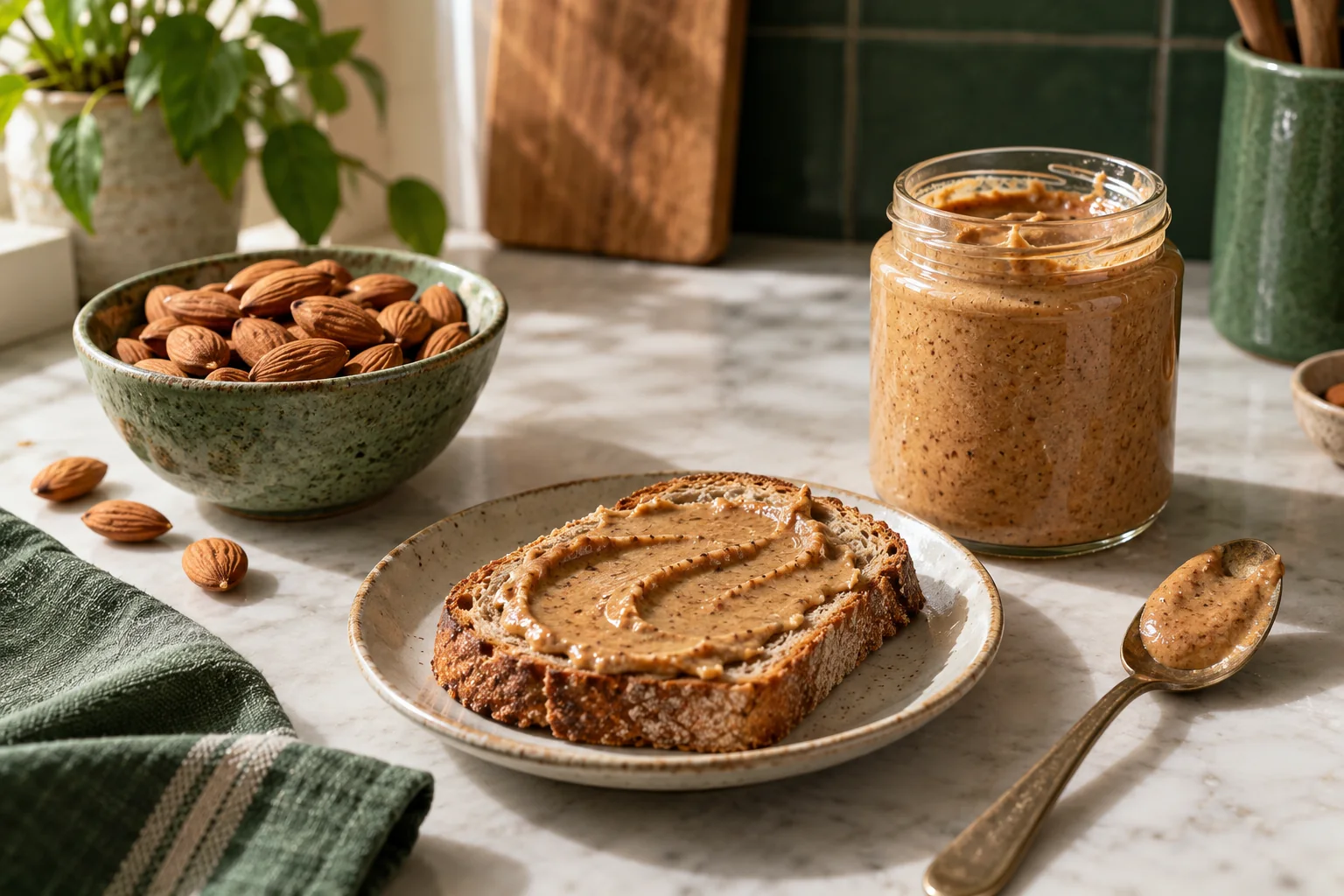Whole almonds and an unlabelled jar of almond butter beside toast on a cream and green table.
