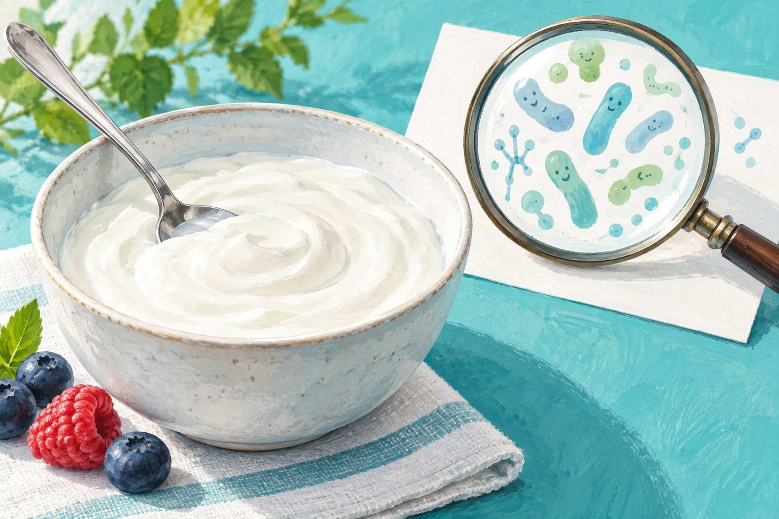 A yogurt bowl beside a magnifying glass and abstract research microbes. Conceptual editorial illustration.