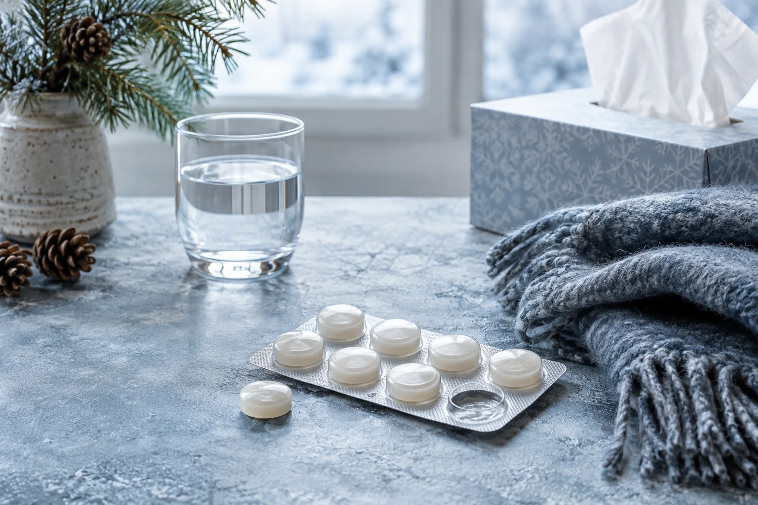A tablet blister, glass of water, tissues and a knitted scarf on a cool blue tabletop.